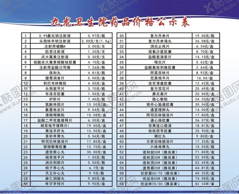 编号：12648510190846386398【酷图网】源文件下载-卫生院/医院收费表
