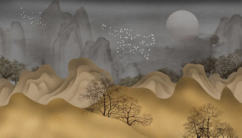 编号：35472804250120364075【酷图网】源文件下载-水墨画高山树鸽子背景墙