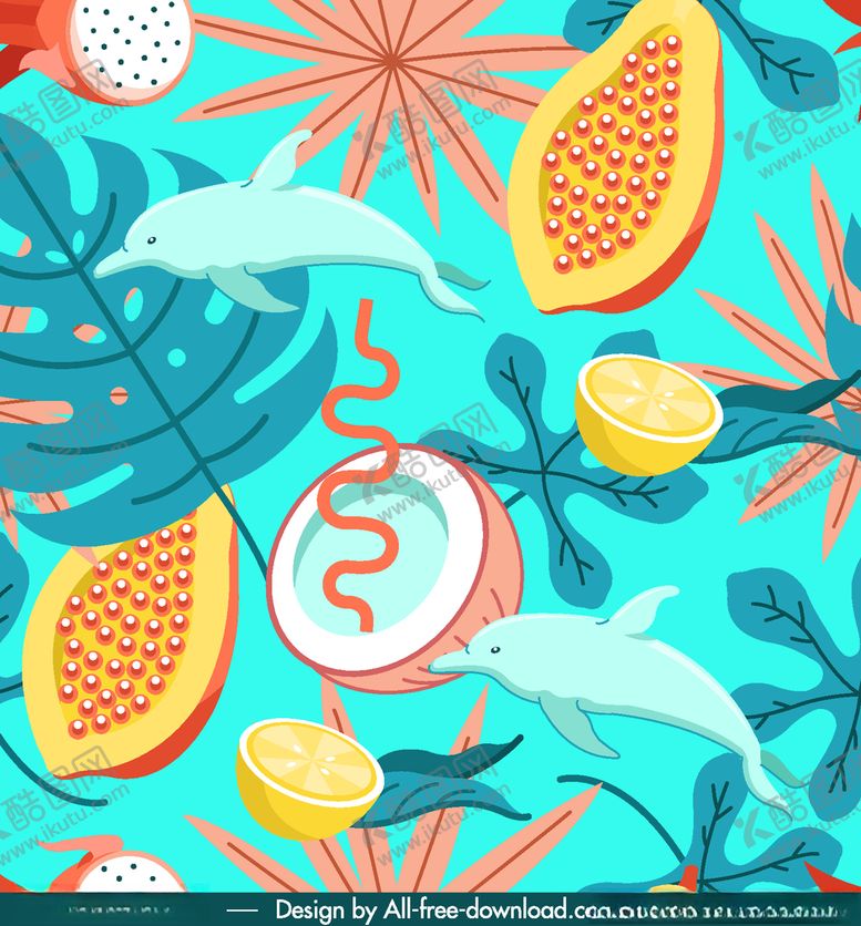 编号：95873409261154438572【酷图网】源文件下载-彩色热带水果海豚无缝背景
