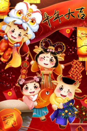 中国风牛宝宝迎春新年插画