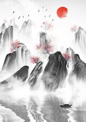 古风水墨山水画飞鸟中式云雾客厅背景墙