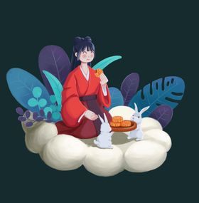 中秋节少女白兔品尝月饼场景插画
