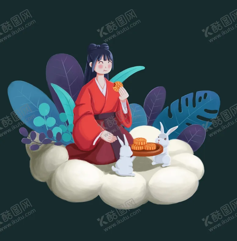 编号：77221407012047266688【酷图网】源文件下载-中秋节少女白兔品尝月饼场景插画