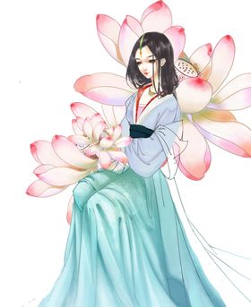 手绘古风荷花美女免抠元素