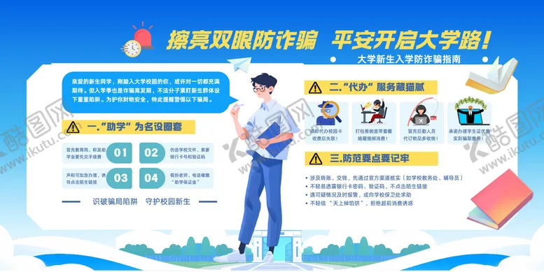 编号：68156405231308471008【酷图网】源文件下载-大学迎新防诈骗安全宣传栏展板