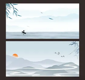 中国风背景画展板古山水画