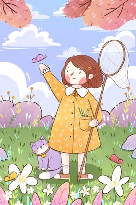 惊蛰插画女孩小猫二十四节气