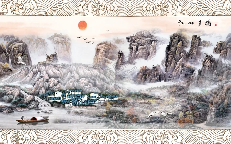 编号：95332407020747415065【酷图网】源文件下载-江山多娇工笔山水背景墙