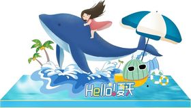 夏季女孩骑鲸畅游夏日海洋