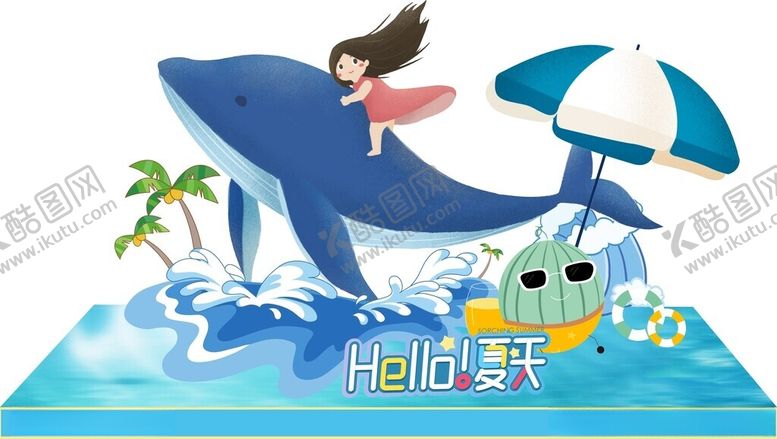 编号：30225604082215337942【酷图网】源文件下载-夏季女孩骑鲸畅游夏日海洋