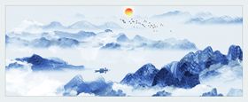 水墨山水间的日出美景山水画