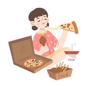 女孩吃披萨插画