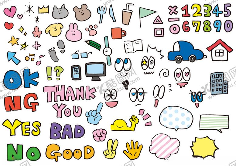 编号：15731611201600564369【酷图网】源文件下载-多彩手绘表情与符号集合