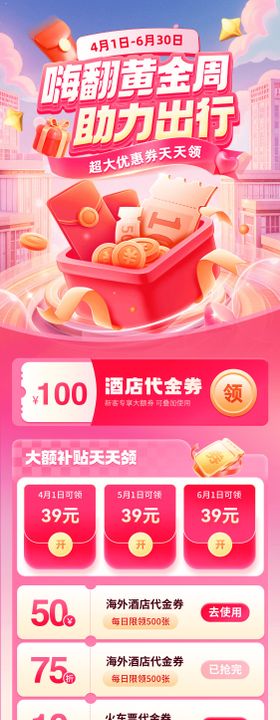 黄金周出行优惠券补贴长图海报