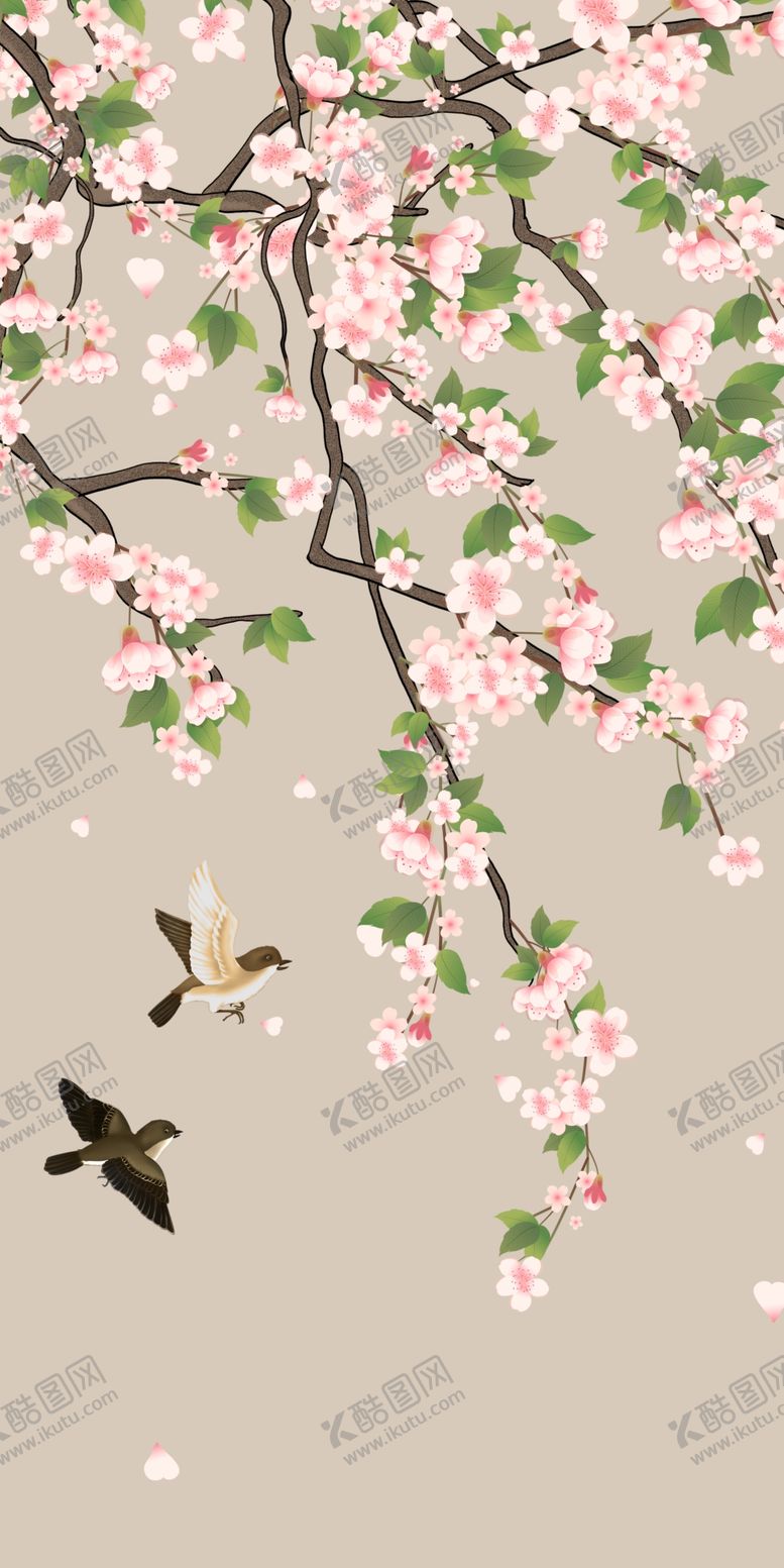 编号：22136109232309537905【酷图网】源文件下载-花鸟画梅花飞鸟玄关图