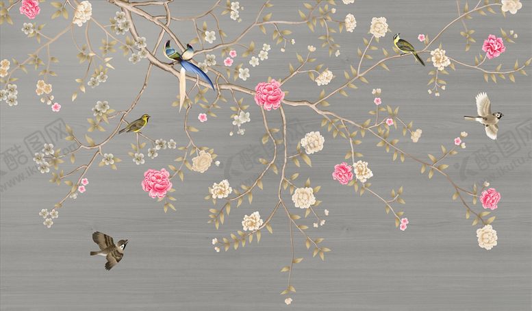 编号：22626405160444052585【酷图网】源文件下载-·花鸟画手绘花鸟背景墙