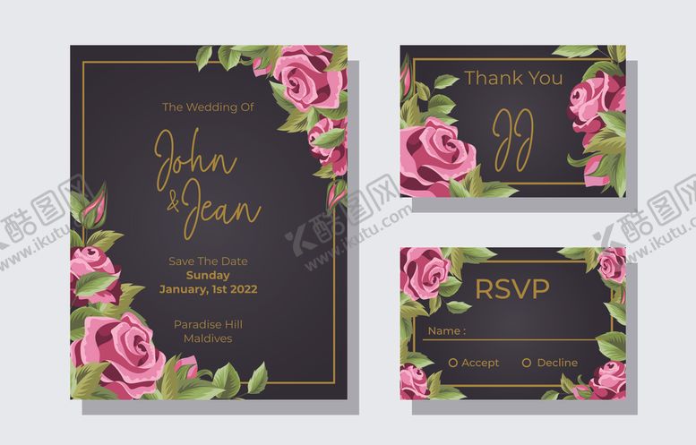编号：84506611021941559830【酷图网】源文件下载-玫瑰花卉婚礼请柬设计