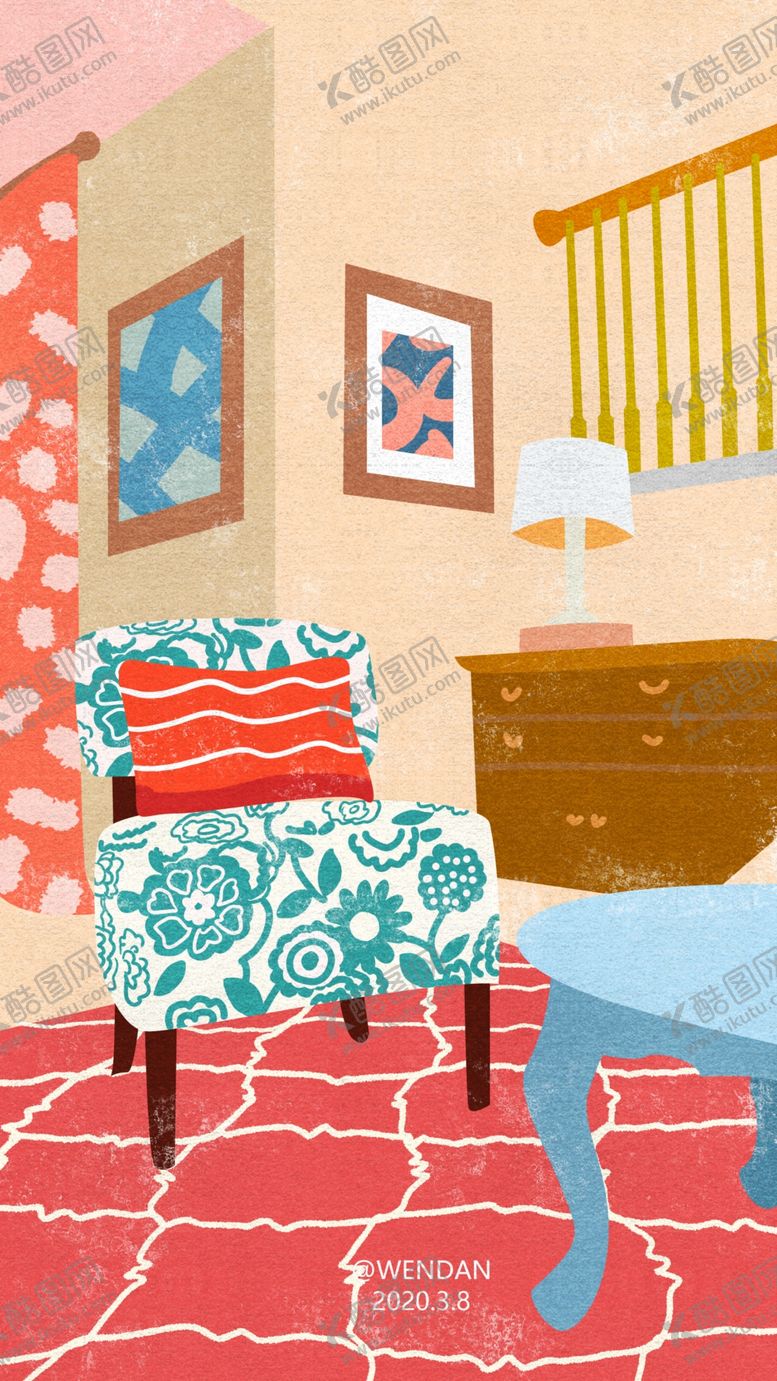 编号：64842110150003598095【酷图网】源文件下载-手绘插画家居场景沙发装饰画
