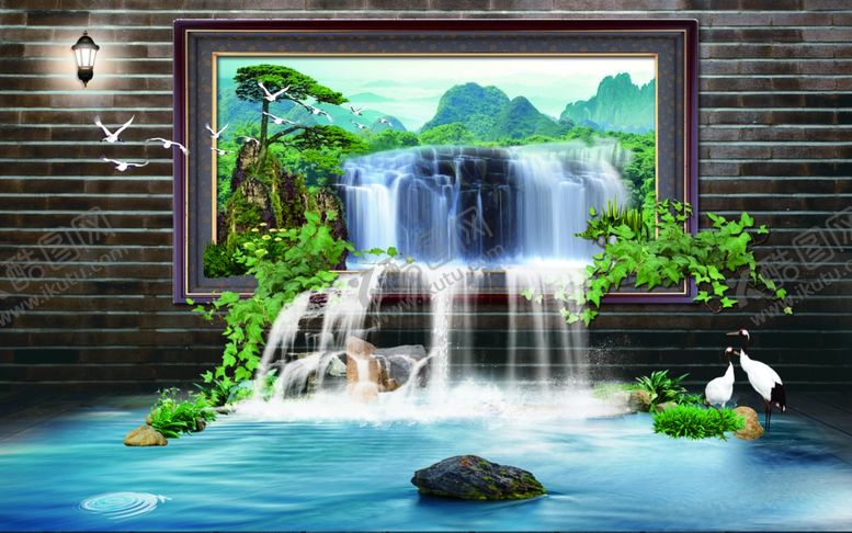 编号：25303809140601311688【酷图网】源文件下载-高山流水瀑布迎客松背景墙
