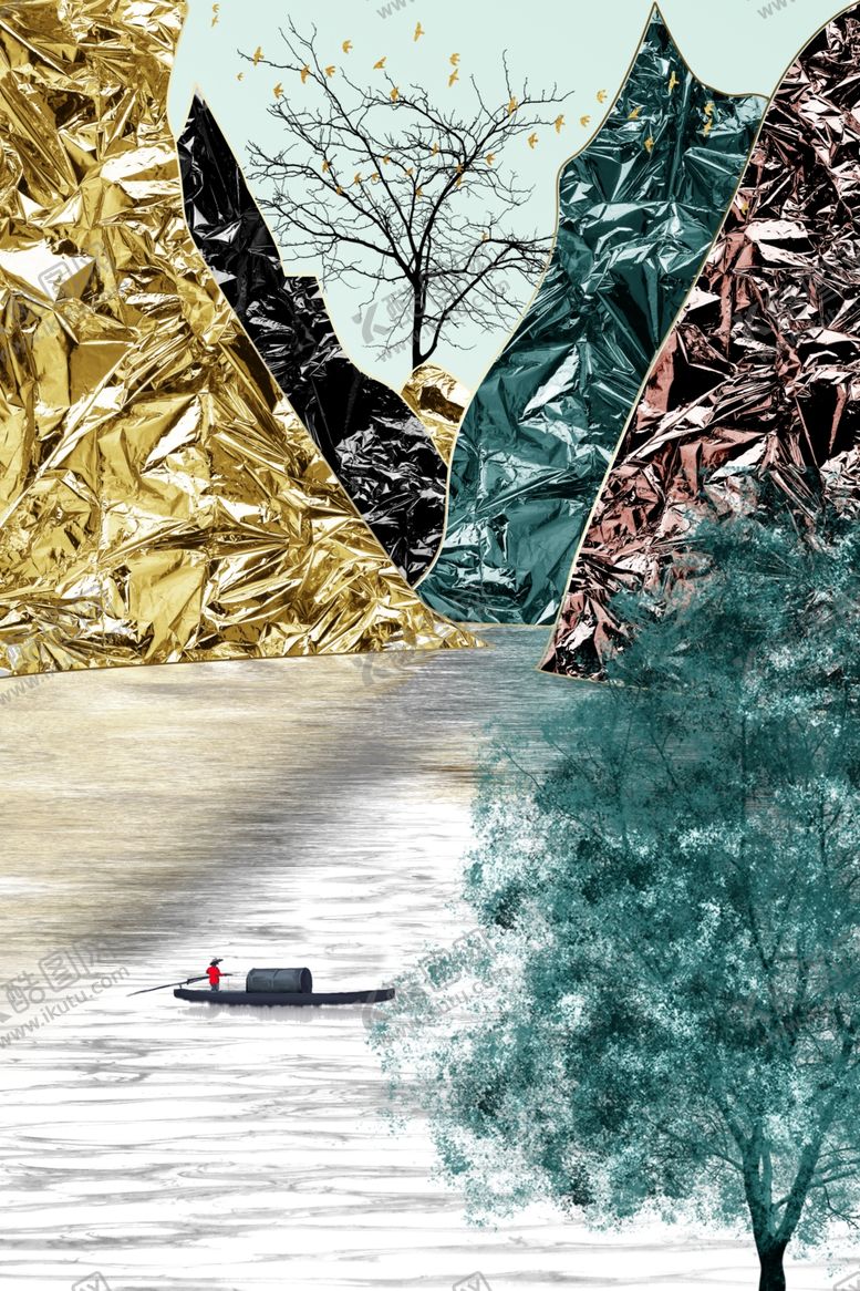 编号：51642810020712412243【酷图网】源文件下载-后现代金箔山水玄关装饰画