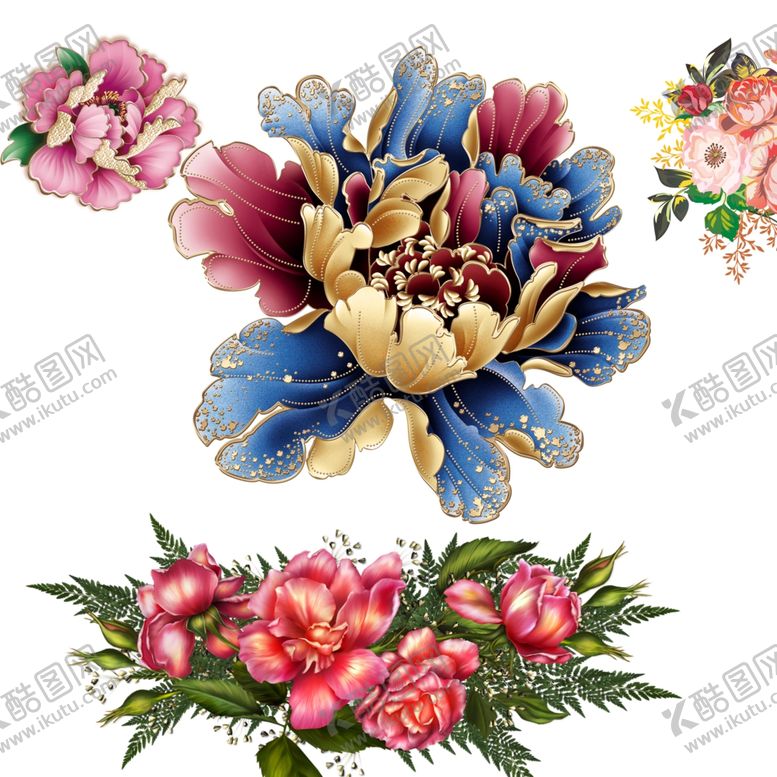 编号：27631210240354595216【酷图网】源文件下载-国画牡丹花红花金色花