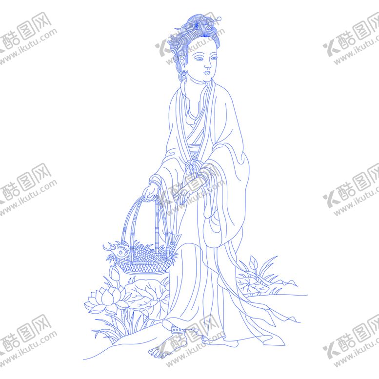 编号：40296310070715222871【酷图网】源文件下载-国画提篮侍女图勾线线描图