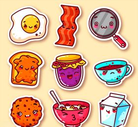 可爱早餐元素表情贴纸矢量素材