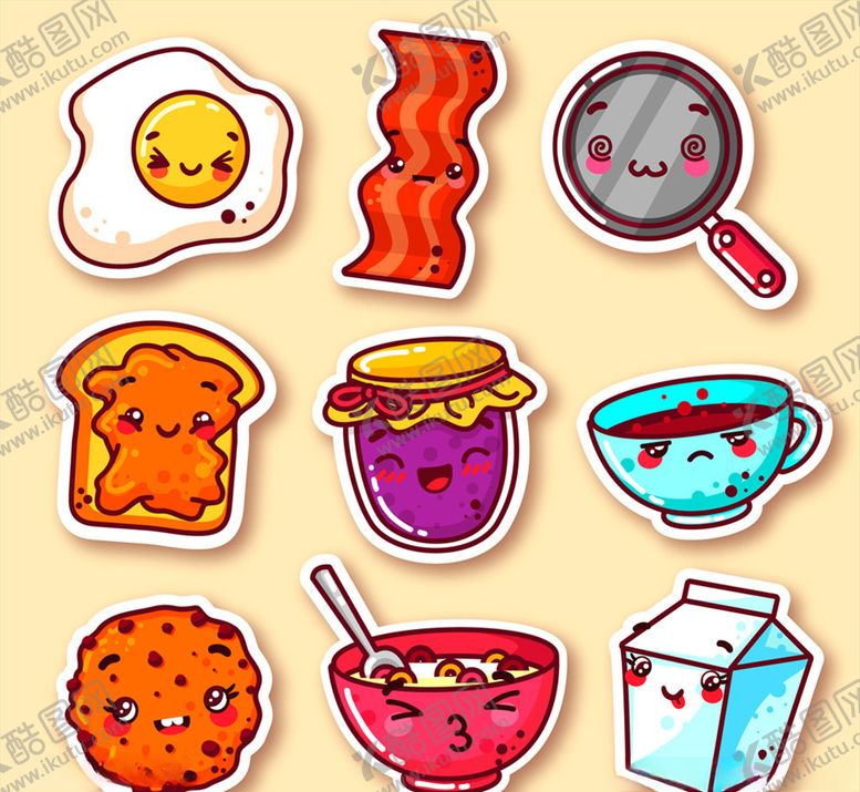 编号：72293211011636104235【酷图网】源文件下载-可爱早餐元素表情贴纸矢量素材