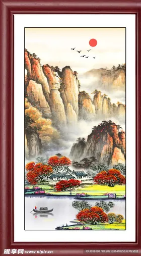 山水画瀑布风景油墨