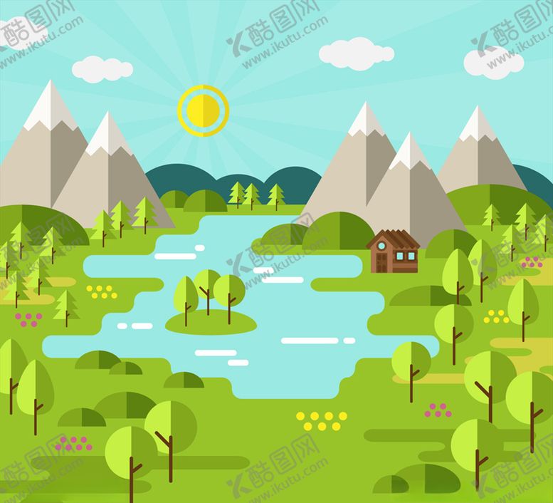 编号：48500410181707163414【酷图网】源文件下载-扁平化郊外湖泊风景矢量素材