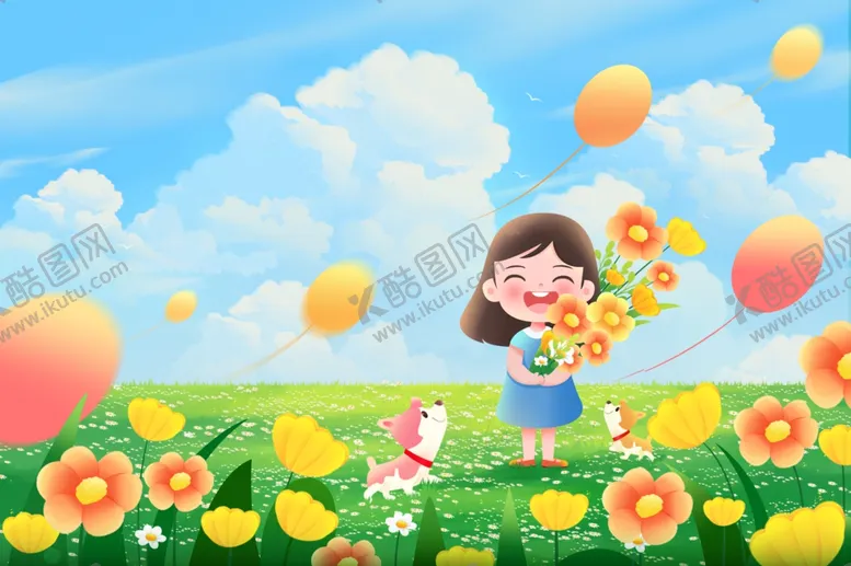 编号：79729201301355072867【酷图网】源文件下载-六一儿童节女孩草坪欢乐玩耍插画