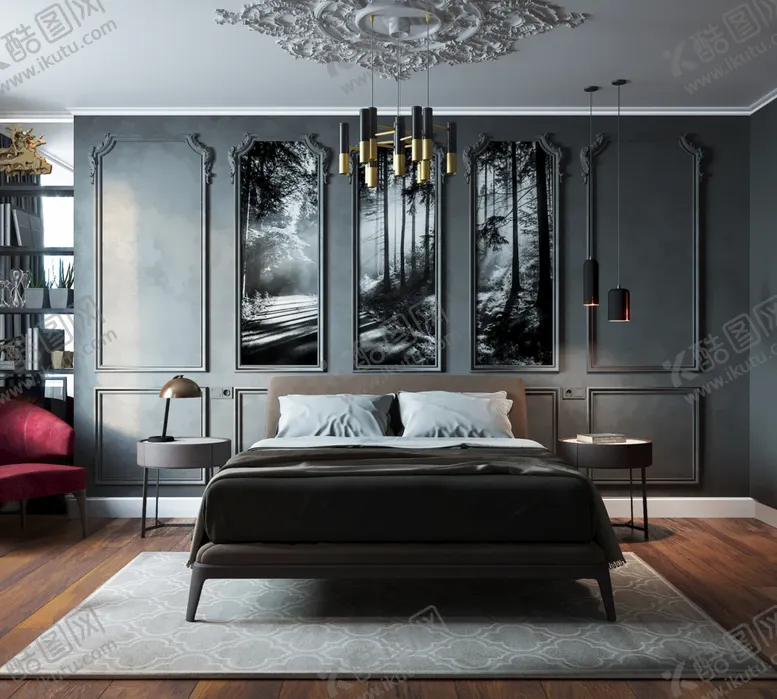 编号：53299610012324116118【酷图网】源文件下载-卧室客厅厨房书房效果图