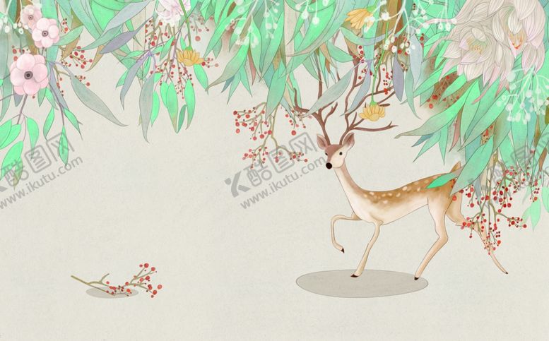 编号：21706509251541291825【酷图网】源文件下载-花藤鹿背景墙
