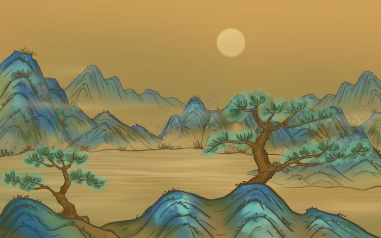 国潮山水插画蓝色背景中风墨古风背景景