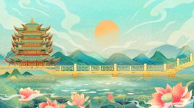 国潮背景手绘山水包装盒山雾缭绕
