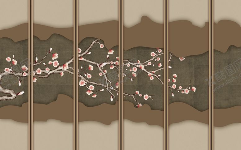 编号：40304907011316484262【酷图网】源文件下载-梅花新中式客厅山水背景墙