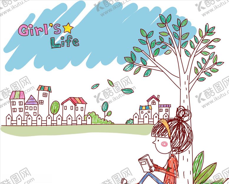 编号：59390509241017079676【酷图网】源文件下载-手绘建筑树木小女孩看书素材