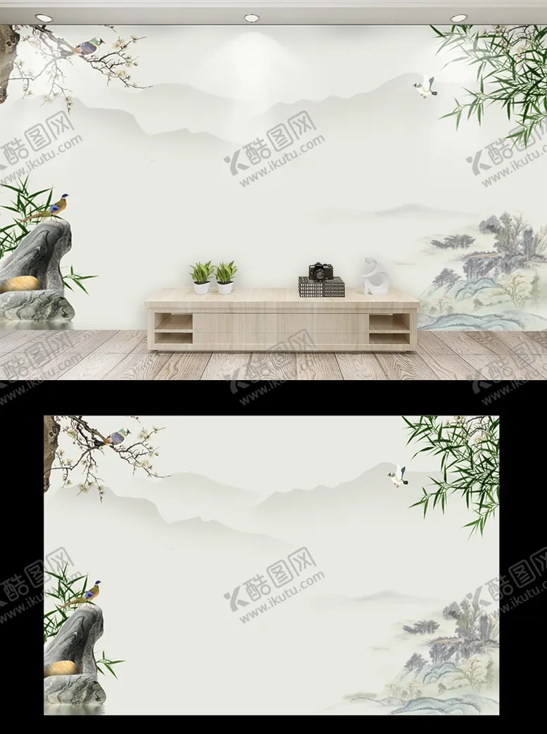 编号：61601706290743348215【酷图网】源文件下载-新中式手绘电视背景墙沙发背景墙