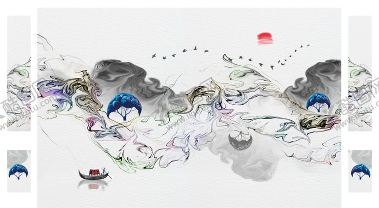 编号：77169409240831215470【酷图网】源文件下载-水墨山水小船背景墙