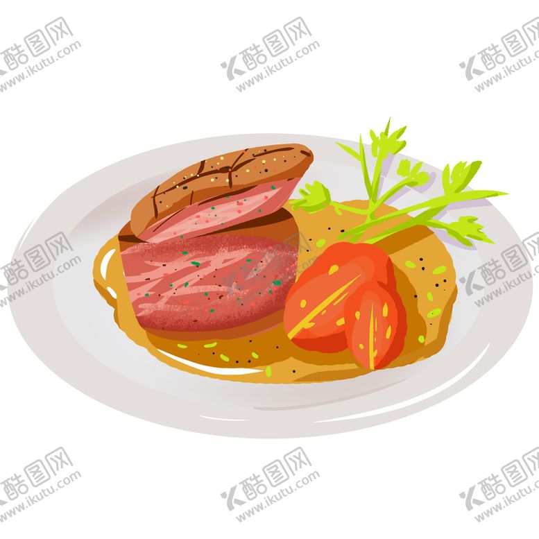 编号：71549209160227230185【酷图网】源文件下载-卡通手绘牛肉牛排素材 牛扒蒜香牛仔粒