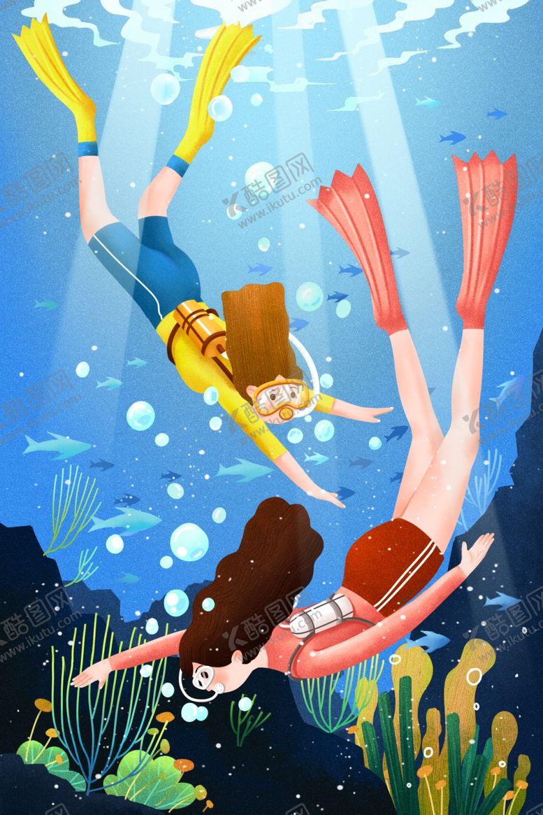 编号：72993510030438331764【酷图网】源文件下载-潜水海底人物清新插画背景