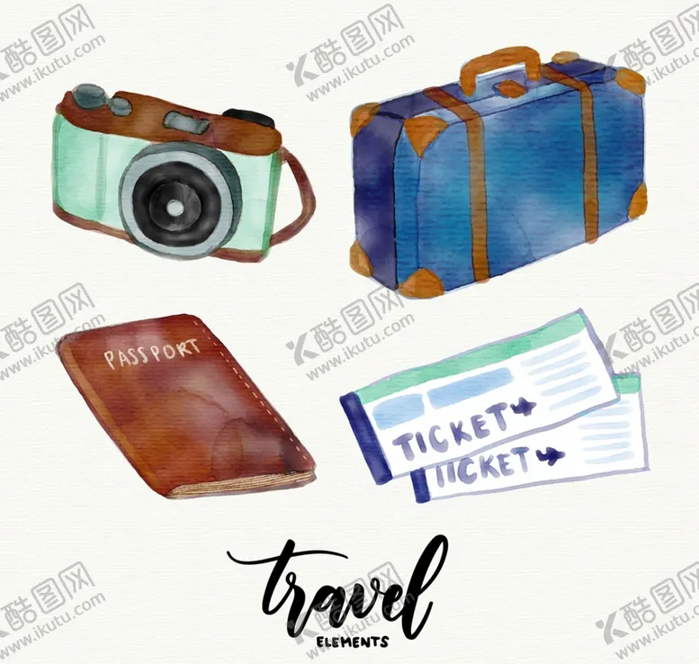 编号：77203310170842553577【酷图网】源文件下载-水彩绘旅行物品