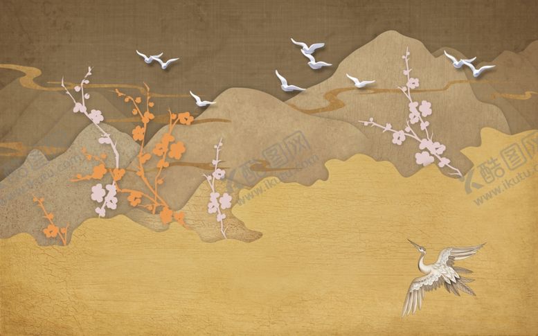 编号：99663409241612595887【酷图网】源文件下载-鹤梅花鸽子山背景墙