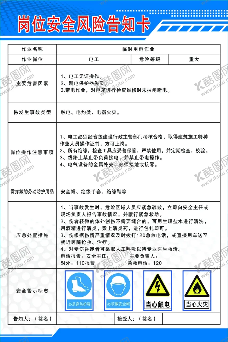 编号：38908810201636584646【酷图网】源文件下载-电工岗位安全告知卡