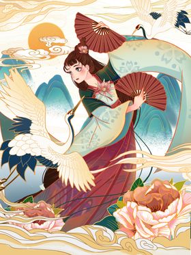 春天雨水手绘人物荷花祥云凉亭国