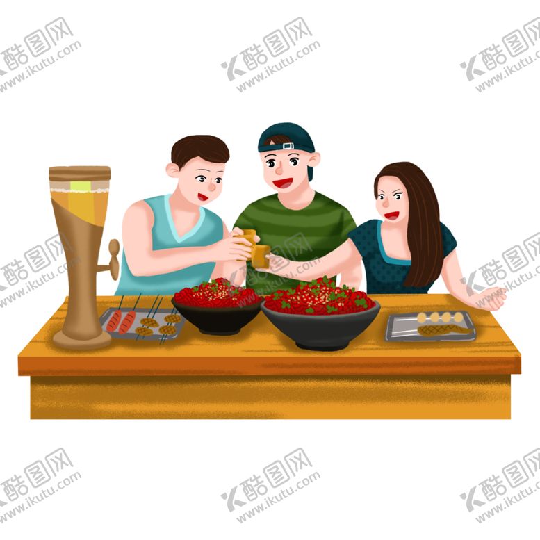 编号：47979107141754077580【酷图网】源文件下载-手绘吃烧烤小龙虾朋友聚会元素