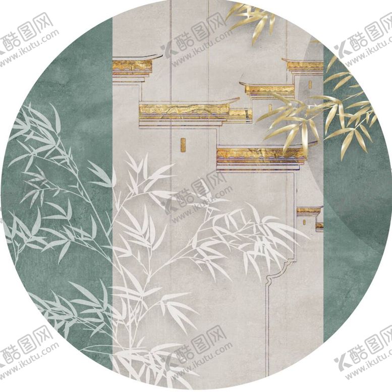 编号：30423712050003484862【酷图网】源文件下载-竹子建筑水彩圆形挂画装饰画