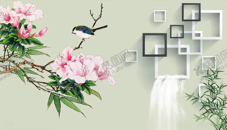 编号：41634004290119226149【酷图网】源文件下载-花鸟画芙蓉花竹子背景墙