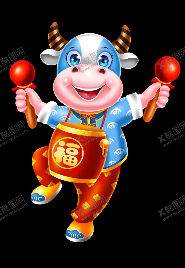 编号：90646210271115259710【酷图网】源文件下载-敲锣打鼓的卡通牛新年春节元素