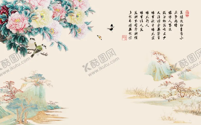 编号：76830106260920276219【酷图网】源文件下载-山水画牡丹中式背景墙
